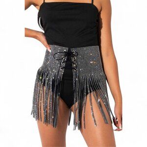 BNWT Lacing Rhinestone Statement Curtain Fringe Belt